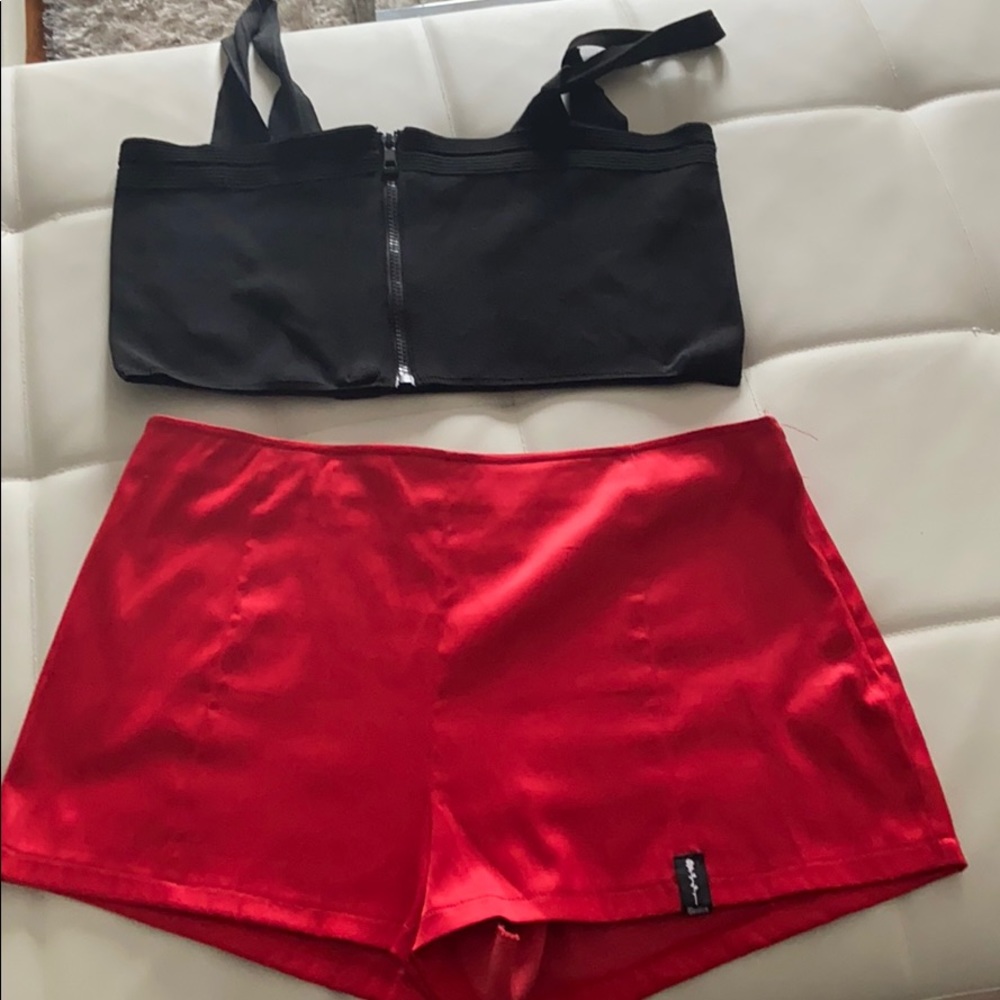 Sexy red satin hot pants with crop top set